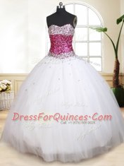Fine White Ball Gowns Tulle Sweetheart Sleeveless Beading Floor Length Lace Up Sweet 16 Dress