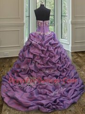 Sweetheart Sleeveless 15th Birthday Dress With Train Court Train Beading and Pick Ups White And Purple Organza and Taffeta