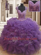 Decent Eggplant Purple Sweet 16 Quinceanera Dress Military Ball and Sweet 16 and Quinceanera and For with Beading and Ruffles Straps Cap Sleeves Zipper