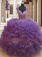 Decent Eggplant Purple Sweet 16 Quinceanera Dress Military Ball and Sweet 16 and Quinceanera and For with Beading and Ruffles Straps Cap Sleeves Zipper