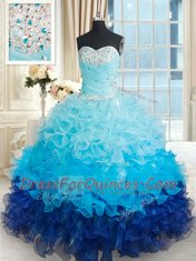 Fitting Multi-color Ball Gowns Beading and Ruffles Vestidos de Quinceanera Lace Up Organza Sleeveless Floor Length