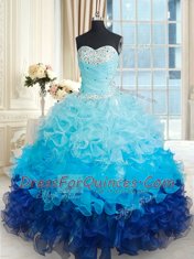 Fitting Multi-color Ball Gowns Beading and Ruffles Vestidos de Quinceanera Lace Up Organza Sleeveless Floor Length