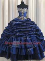 Deluxe Pick Ups With Train Navy Blue Vestidos de Quinceanera Sweetheart Sleeveless Court Train Lace Up