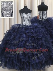 Navy Blue Organza Lace Up Sweetheart Sleeveless Floor Length Quince Ball Gowns Ruffled Layers and Sequins