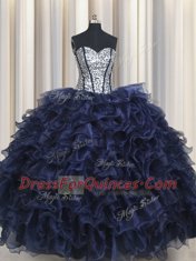Navy Blue Organza Lace Up Sweetheart Sleeveless Floor Length Quince Ball Gowns Ruffled Layers and Sequins
