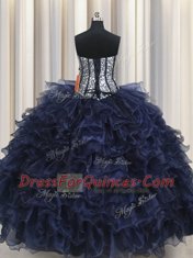 Navy Blue Organza Lace Up Sweetheart Sleeveless Floor Length Quince Ball Gowns Ruffled Layers and Sequins