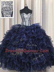 Navy Blue Organza Lace Up Sweetheart Sleeveless Floor Length Quince Ball Gowns Ruffled Layers and Sequins
