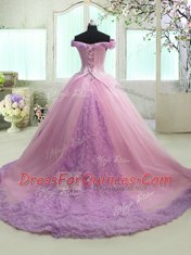 Tulle Off The Shoulder Cap Sleeves Court Train Lace Up Ruching Quince Ball Gowns in Lilac