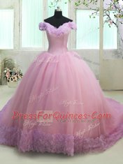 Tulle Off The Shoulder Cap Sleeves Court Train Lace Up Ruching Quince Ball Gowns in Lilac