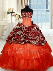 Noble Lace Up Quinceanera Gowns Orange Red for Military Ball and Sweet 16 and Quinceanera with Beading Brush Train