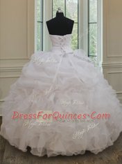 New Style Organza Sweetheart Sleeveless Lace Up Beading and Ruffles and Sequins Quince Ball Gowns in White