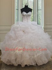 New Style Organza Sweetheart Sleeveless Lace Up Beading and Ruffles and Sequins Quince Ball Gowns in White
