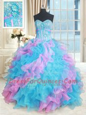 Dramatic Beading and Appliques and Ruffles Sweet 16 Dress Multi-color Lace Up Sleeveless Floor Length