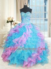 Dramatic Beading and Appliques and Ruffles Sweet 16 Dress Multi-color Lace Up Sleeveless Floor Length