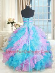 Dramatic Beading and Appliques and Ruffles Sweet 16 Dress Multi-color Lace Up Sleeveless Floor Length