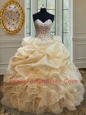 Floor Length Ball Gowns Sleeveless Champagne Quinceanera Gowns Lace Up