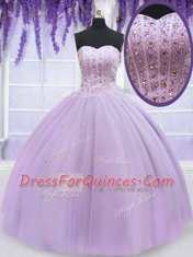 Suitable Organza Sweetheart Sleeveless Lace Up Beading Quinceanera Gowns in Lavender