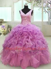 Lilac V-neck Lace Up Beading and Ruffles Quinceanera Gown Sleeveless
