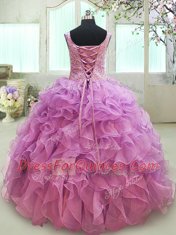 Lilac V-neck Lace Up Beading and Ruffles Quinceanera Gown Sleeveless