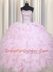 Beading and Ruffles 15 Quinceanera Dress Baby Pink Lace Up Sleeveless Floor Length