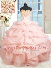 Lovely Baby Pink Ball Gowns Sweetheart Sleeveless Organza Floor Length Lace Up Beading and Embroidery and Pick Ups Ball Gown Prom Dress