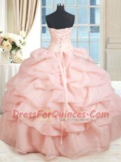 Lovely Baby Pink Ball Gowns Sweetheart Sleeveless Organza Floor Length Lace Up Beading and Embroidery and Pick Ups Ball Gown Prom Dress