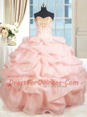 Lovely Baby Pink Ball Gowns Sweetheart Sleeveless Organza Floor Length Lace Up Beading and Embroidery and Pick Ups Ball Gown Prom Dress
