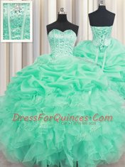 Sexy Apple Green Ball Gowns Beading and Ruffles and Pick Ups 15 Quinceanera Dress Lace Up Organza Sleeveless Floor Length