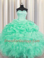 Sexy Apple Green Ball Gowns Beading and Ruffles and Pick Ups 15 Quinceanera Dress Lace Up Organza Sleeveless Floor Length