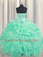 Sexy Apple Green Ball Gowns Beading and Ruffles and Pick Ups 15 Quinceanera Dress Lace Up Organza Sleeveless Floor Length