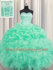 Sexy Apple Green Ball Gowns Beading and Ruffles and Pick Ups 15 Quinceanera Dress Lace Up Organza Sleeveless Floor Length