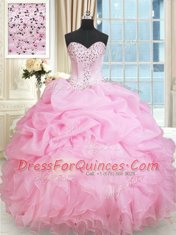 Cute Sleeveless Floor Length Beading and Ruffles and Pick Ups Lace Up Sweet 16 Dress with Rose Pink
