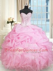 Cute Sleeveless Floor Length Beading and Ruffles and Pick Ups Lace Up Sweet 16 Dress with Rose Pink