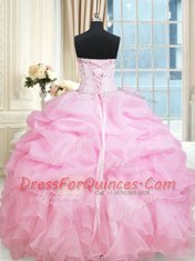 Cute Sleeveless Floor Length Beading and Ruffles and Pick Ups Lace Up Sweet 16 Dress with Rose Pink