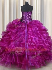 Custom Design Floor Length Lace Up Sweet 16 Dress Purple for Military Ball and Sweet 16 and Quinceanera with Beading and Ruffles and Sequins
