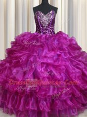 Custom Design Floor Length Lace Up Sweet 16 Dress Purple for Military Ball and Sweet 16 and Quinceanera with Beading and Ruffles and Sequins