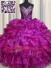 Custom Design Floor Length Lace Up Sweet 16 Dress Purple for Military Ball and Sweet 16 and Quinceanera with Beading and Ruffles and Sequins