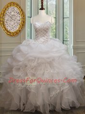 Pretty White Lace Up Sweetheart Beading and Ruffles and Pick Ups Quinceanera Dress Organza Sleeveless