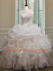 Pretty White Lace Up Sweetheart Beading and Ruffles and Pick Ups Quinceanera Dress Organza Sleeveless