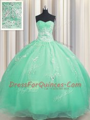 Lovely Turquoise Ball Gowns Sweetheart Sleeveless Organza Floor Length Zipper Beading and Appliques 15 Quinceanera Dress