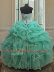 Stylish Sleeveless Floor Length Beading and Ruffles and Pick Ups Lace Up Quinceanera Dresses with Apple Green