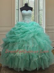 Stylish Sleeveless Floor Length Beading and Ruffles and Pick Ups Lace Up Quinceanera Dresses with Apple Green