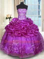 Trendy Strapless Sleeveless Quinceanera Dress Floor Length Beading and Embroidery and Pick Ups Eggplant Purple Organza