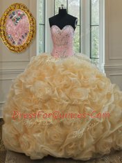 Champagne Ball Gowns Beading Quinceanera Gown Lace Up Organza Sleeveless Floor Length
