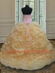 Champagne Ball Gowns Beading Quinceanera Gown Lace Up Organza Sleeveless Floor Length
