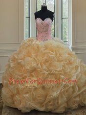 Champagne Ball Gowns Beading Quinceanera Gown Lace Up Organza Sleeveless Floor Length