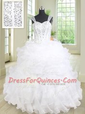 High End Straps Organza Sleeveless Floor Length Sweet 16 Dress and Beading and Ruffles