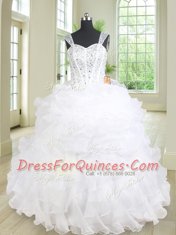 High End Straps Organza Sleeveless Floor Length Sweet 16 Dress and Beading and Ruffles