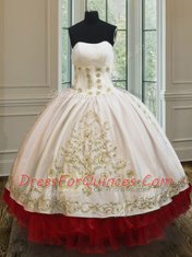 Fancy Floor Length Lace Up 15 Quinceanera Dress White and Red for Military Ball and Sweet 16 and Quinceanera with Beading and Embroidery and Ruffled Layers