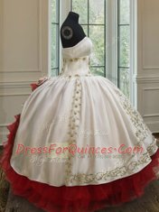 Fancy Floor Length Lace Up 15 Quinceanera Dress White and Red for Military Ball and Sweet 16 and Quinceanera with Beading and Embroidery and Ruffled Layers